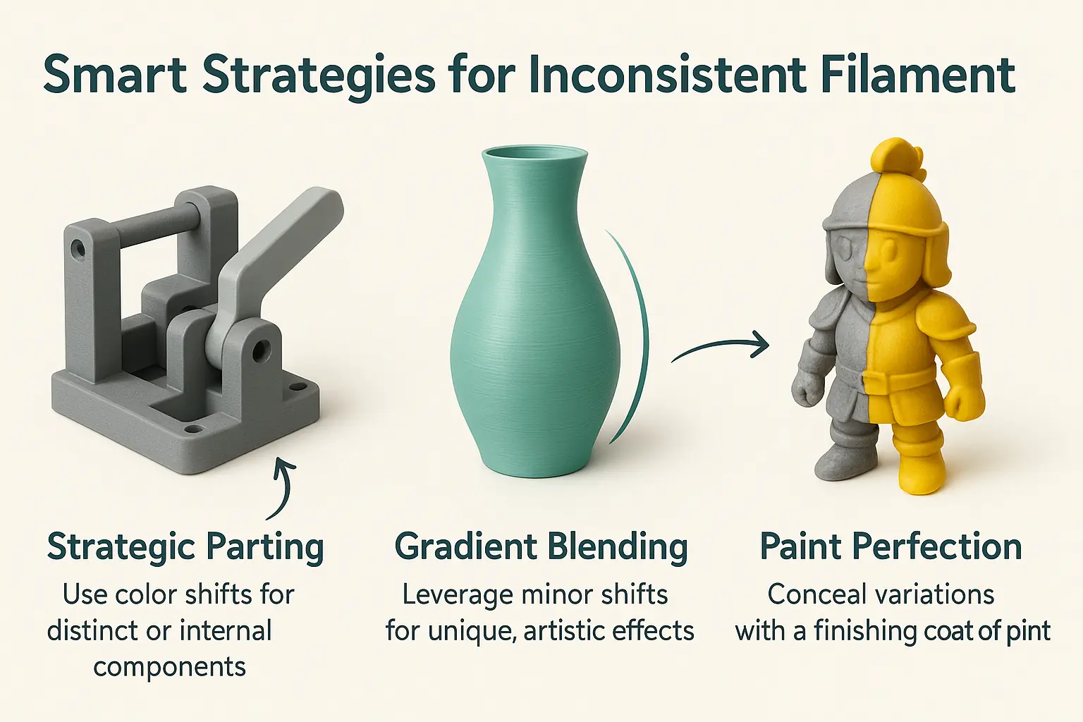Infographic: Visualizing 3D print strategies for inconsistent filament: multi-part, gradient, and painting techniques.