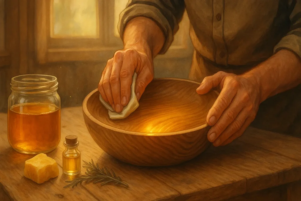 Maker's hands applying natural, eco-friendly finish to a wooden project; subtle glow highlights its DIY natural protection.