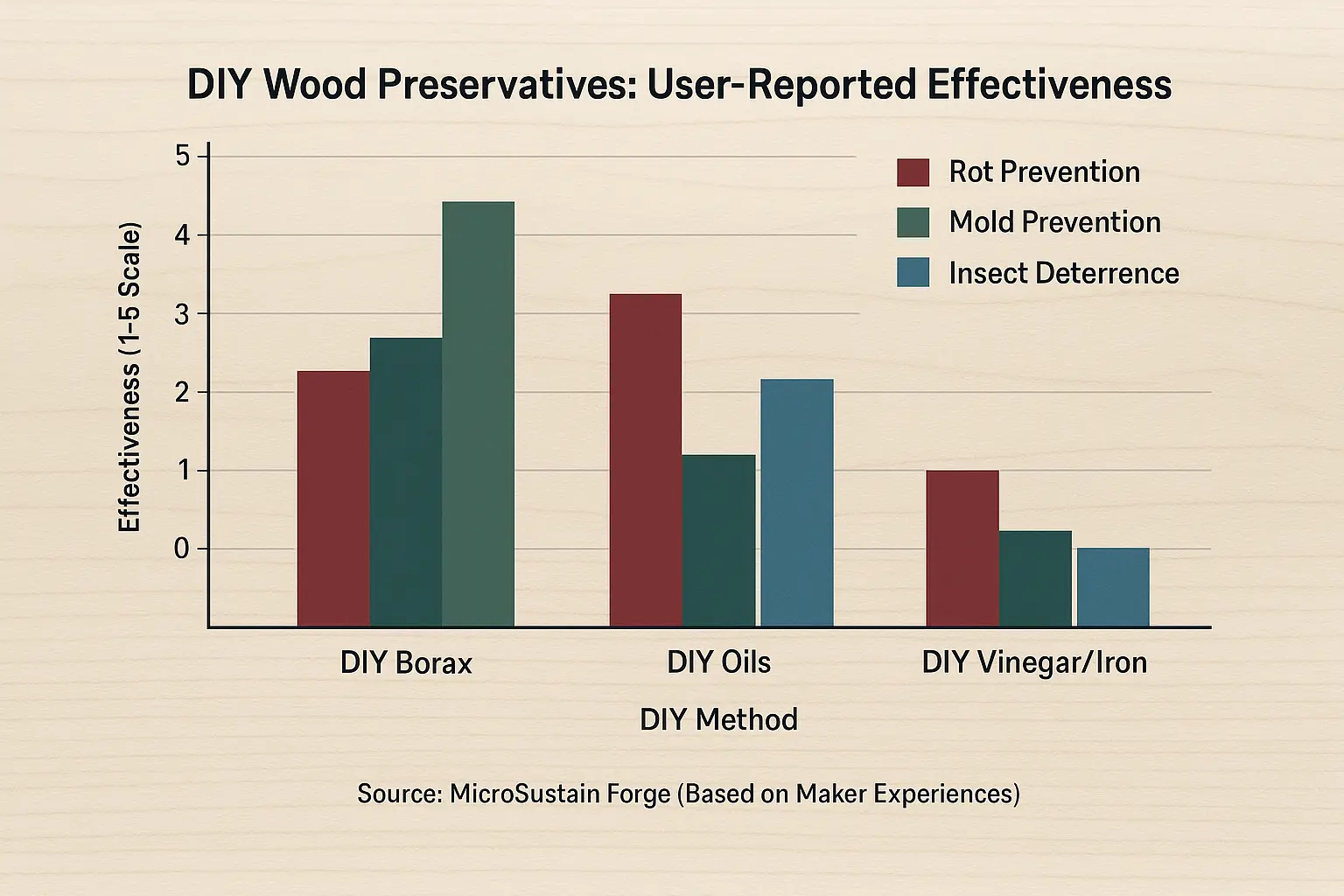 Bar chart: User-reported effectiveness (1-5 scale) of DIY Borax, Oils, Vinegar/Iron for rot, mold, insect prevention,