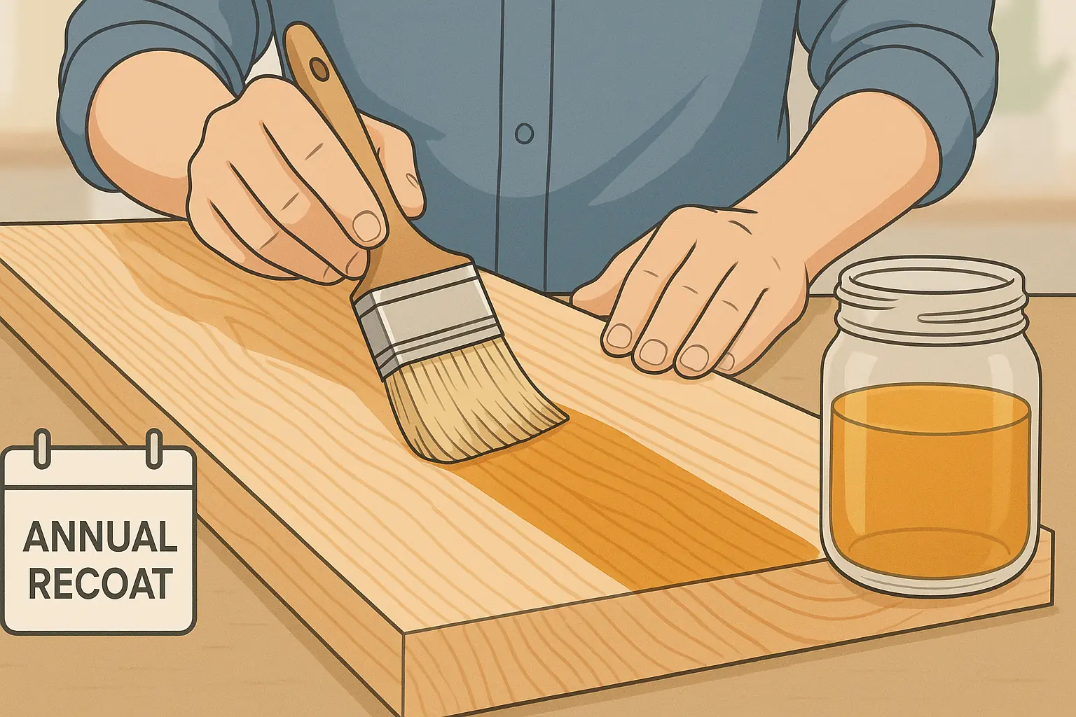 Maker applying DIY wood preservative to wood with a brush; timer &amp; calendar icons signal reapplication for durability.