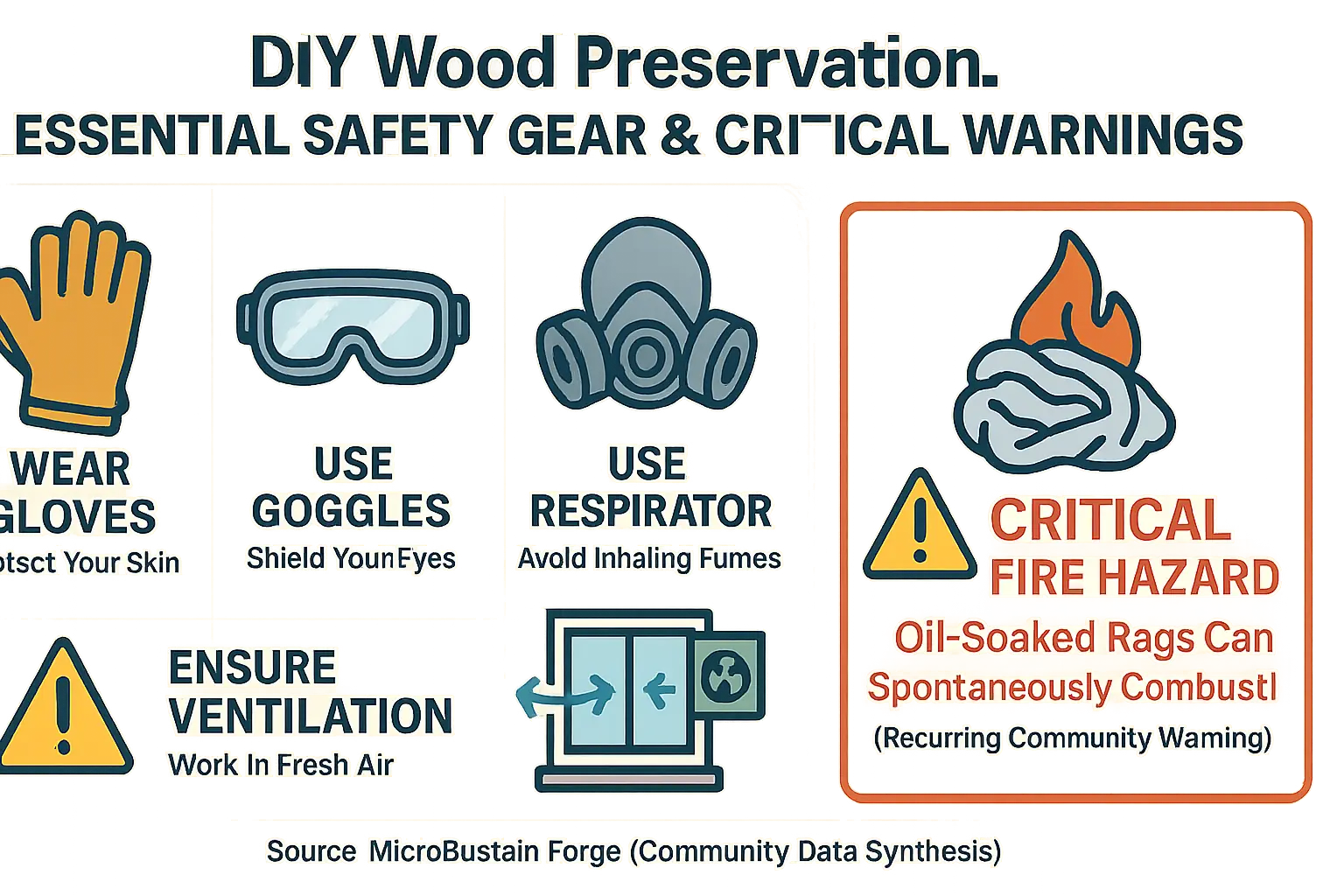 Infographic: Critical DIY wood preservation safety gear (gloves, goggles, respirator, ventilation) shown via icons &amp; bold