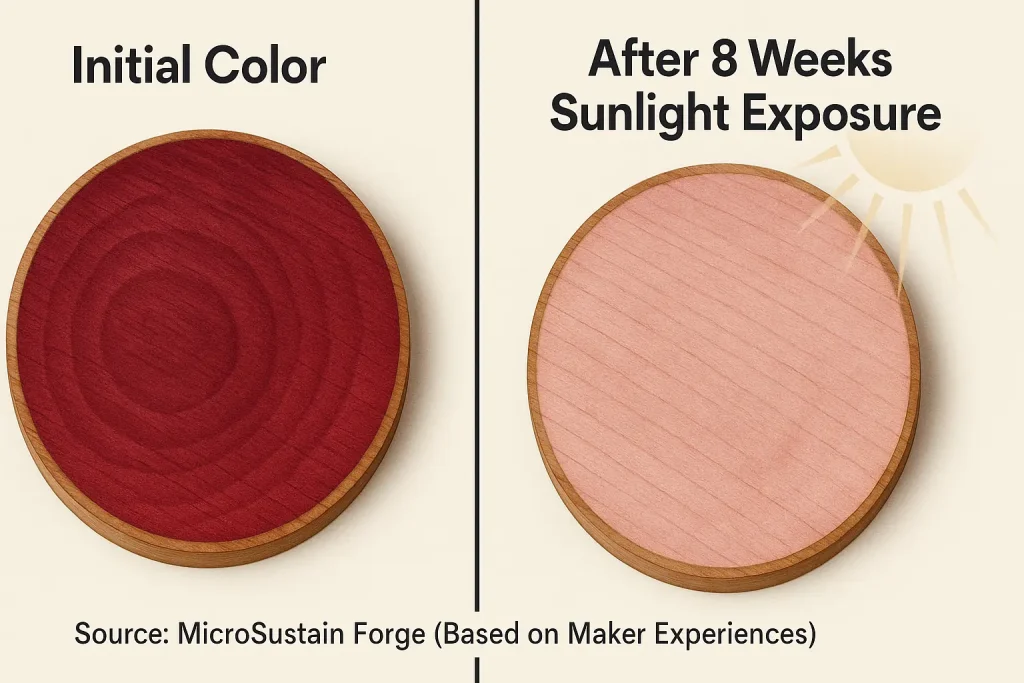 Naturally dyed wood: 'Initial Color' vibrant, gradually fades after 'X Weeks Sunlight Exposure,' illustrating poor color