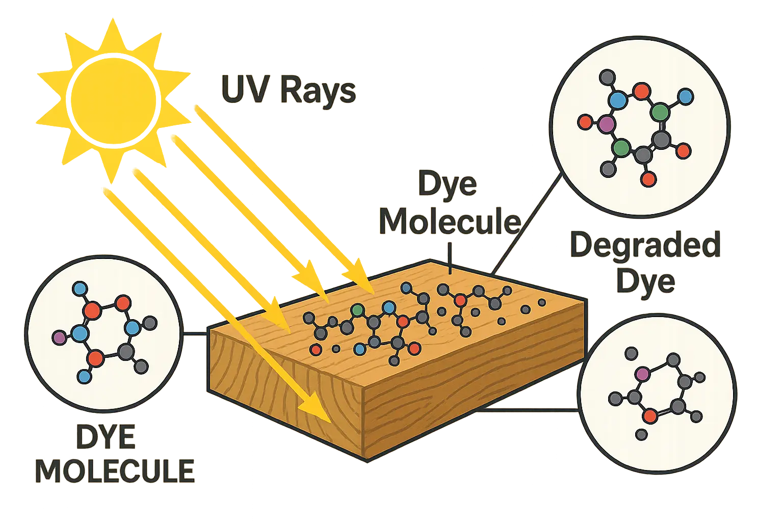 Diagram: UV rays break down dye molecules in wood. Shows a dye molecule before and after degradation, causing fading.