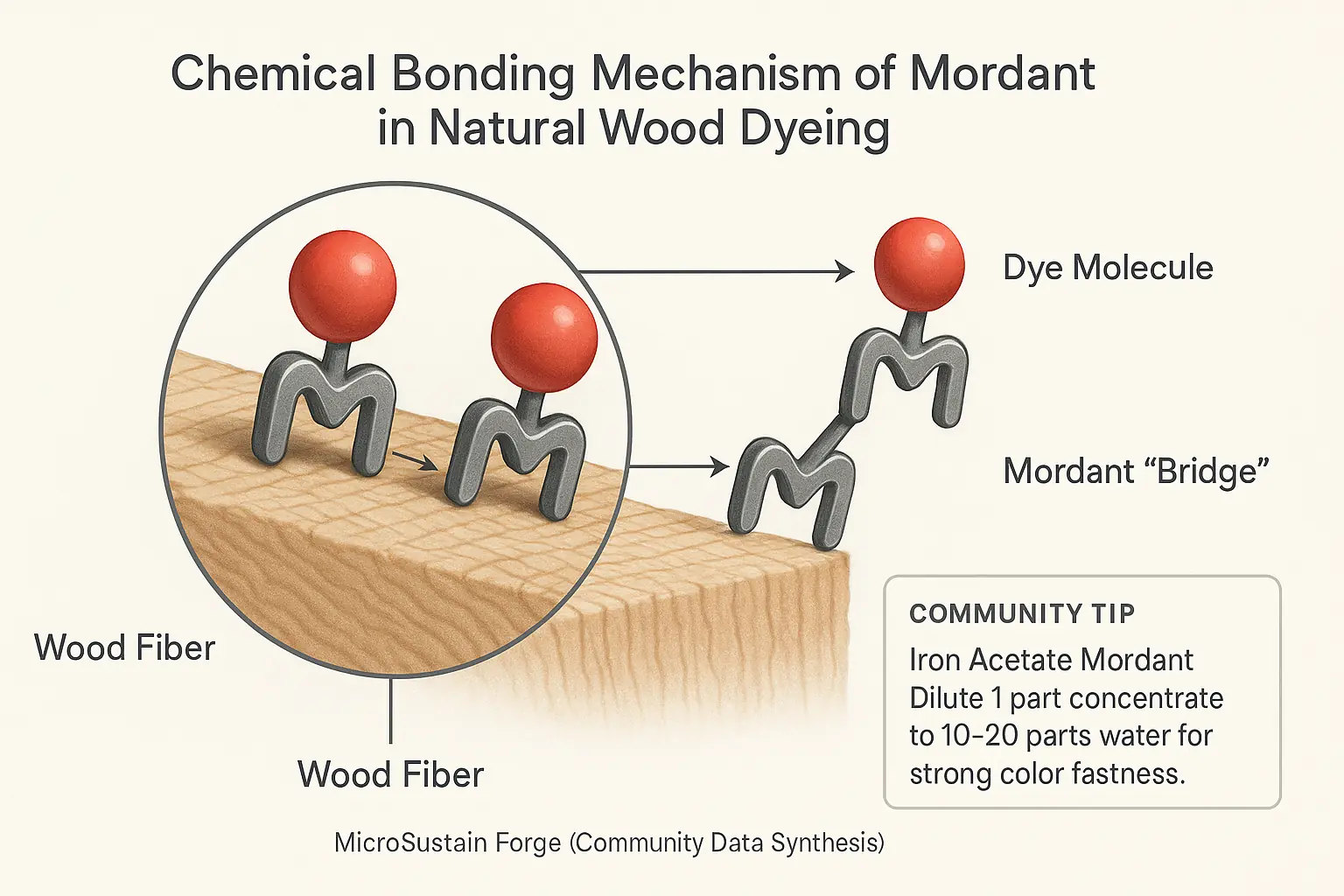 Infographic: Mordant icon acts as a chemical bridge, bonding dye and wood fiber icons to lock in color.