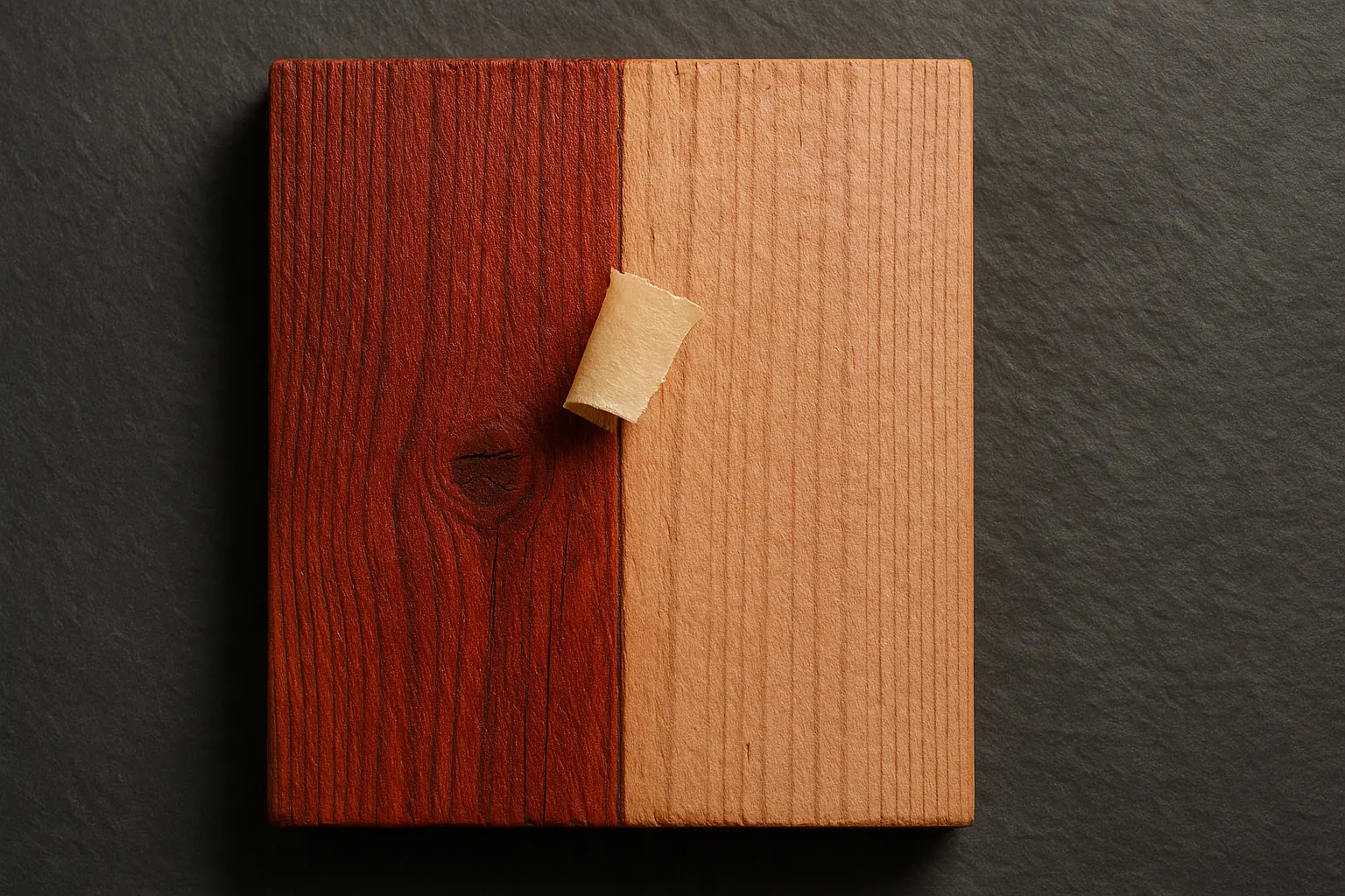 Wood sample with natural dye: sunlight-faded section contrasts with protected, vibrant section, showing dye longevity.