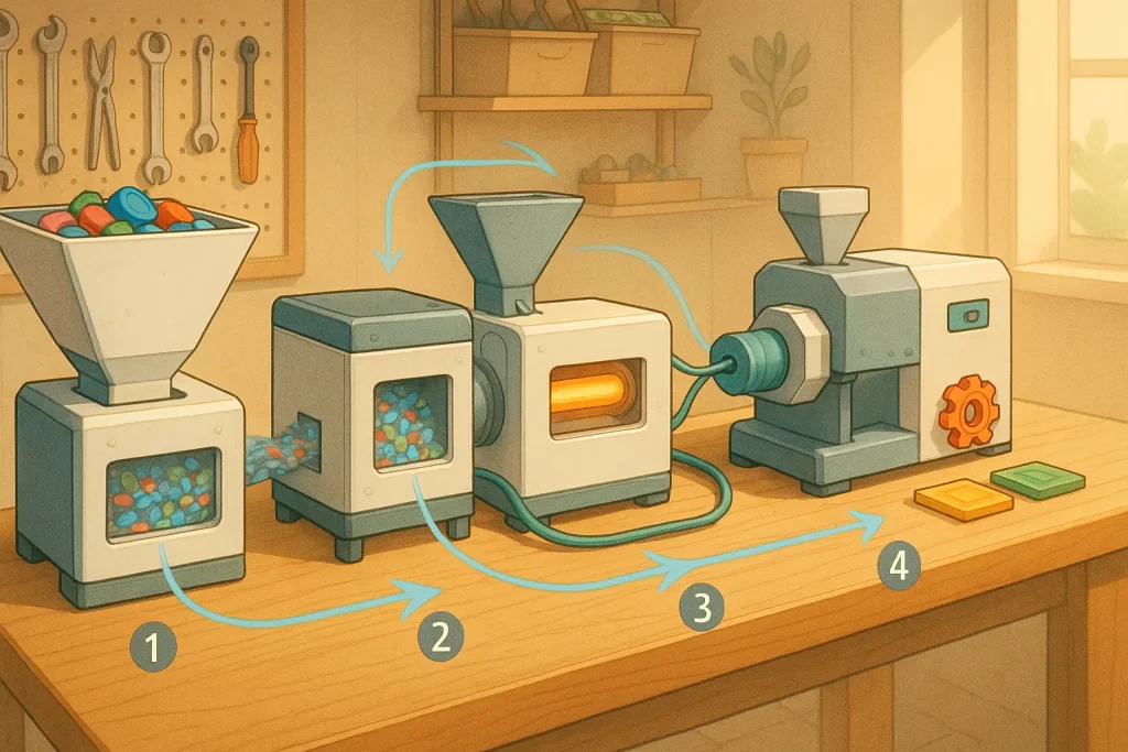 Compact DIY home workshop plastic recycling microfactory: interconnected stages efficiently transform waste to new products.