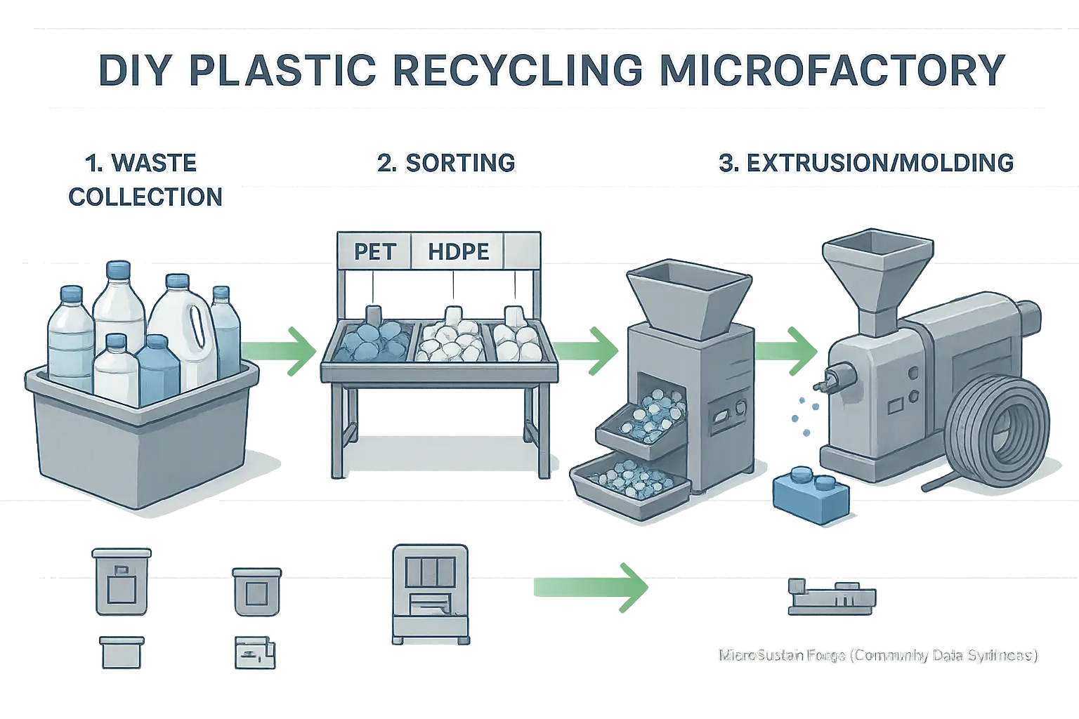 Infographic: DIY plastic recycling workflow: Collection, Sorting, Shredding, Extrusion/Molding stages, equipment icons &