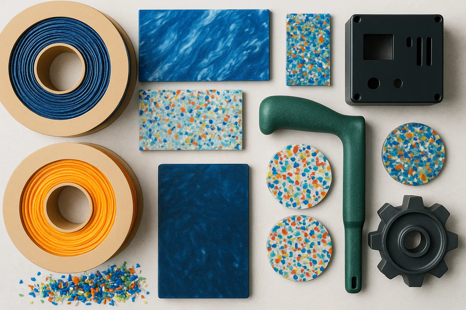 Vibrant collage of creatively transformed recycled plastic: 3D prints, molded keychains & coasters, colorful textured panels.