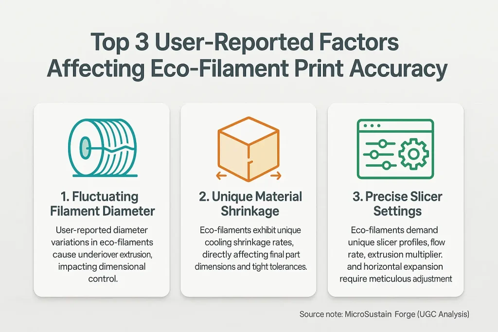 Infographic: Top 3 user-reported factors for eco-filament print inaccuracy, each illustrated with an icon and description.
