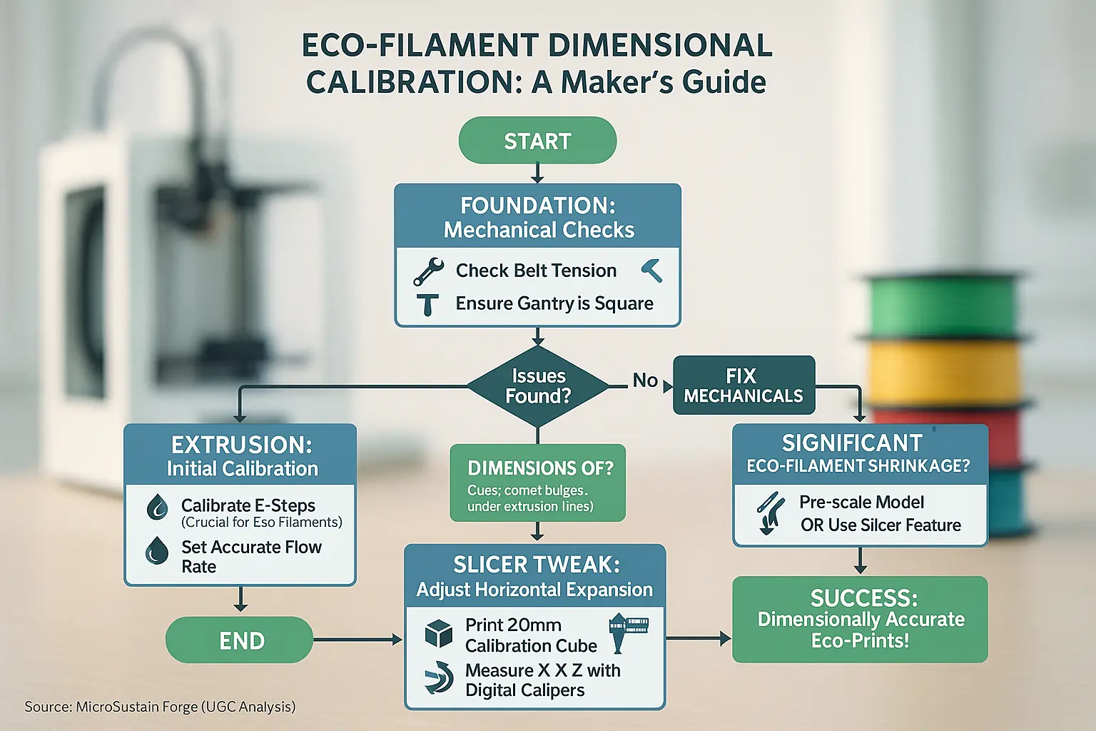 Eco-filament dimensional calibration flowchart: community-proven method showing steps, decisions &amp; actions for precision.