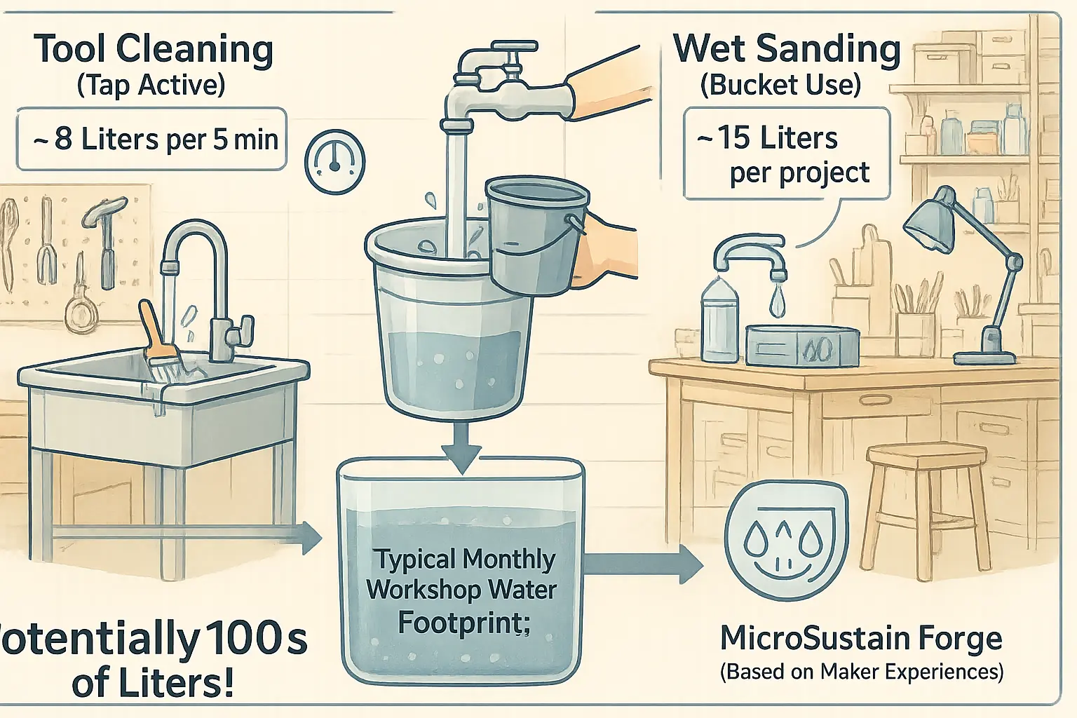 Infographic: Conceptual water use by crafting activities (e.g., brush cleaning), revealing hidden consumption & conservation